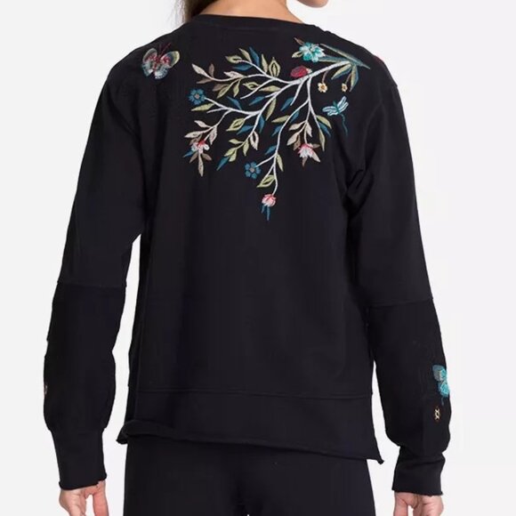 Johnny Was Gen French Terry Pullover Floral Embroidered Top Sweatshirt Black New - Picture 3 of 9